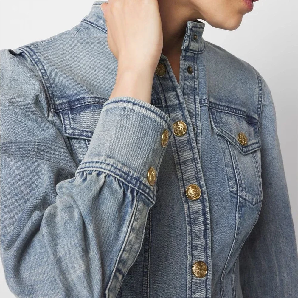 White House Black Market Denim Dress with Gold Accents - Picture 5 of 6